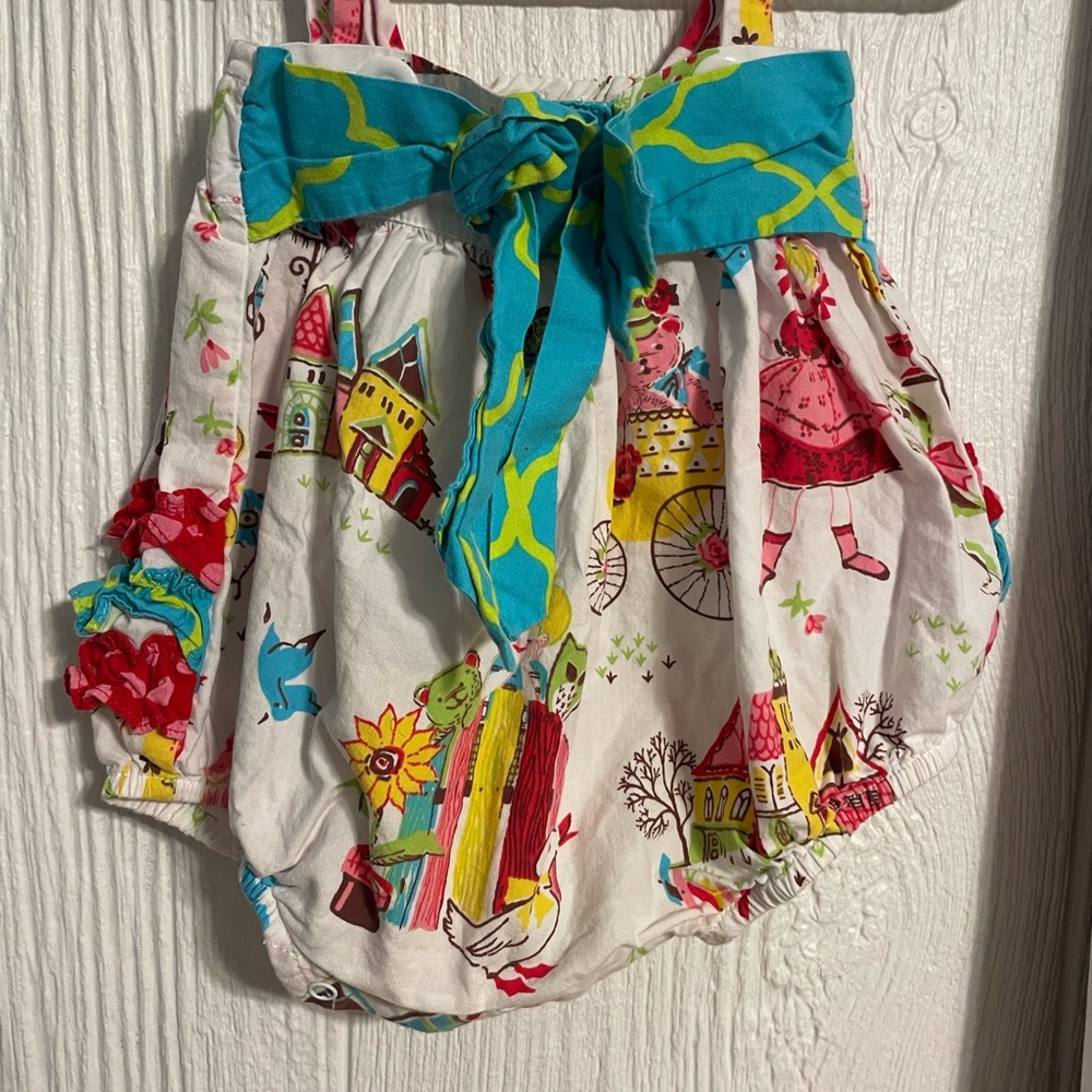 Natalie Grant White Ruffle Romper with Pink & Blue Playful Print 0-3 mo - Picture 2 of 5
